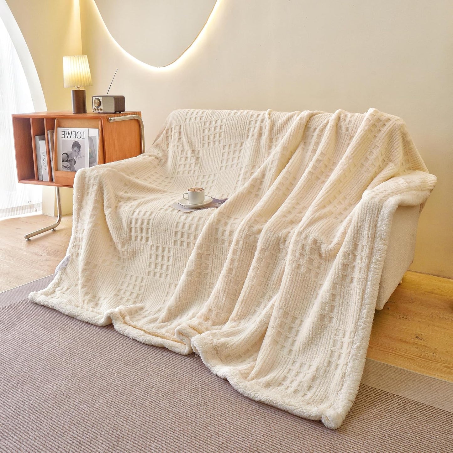 UKELER Sherpa Fleece Blanket 60 × 80 inch, Ultra Soft Twin Size Throw Blanket for All Season, Cozy Plush Floral Throw Blanket for Bed Couch Sofa Office Camping, Off-White