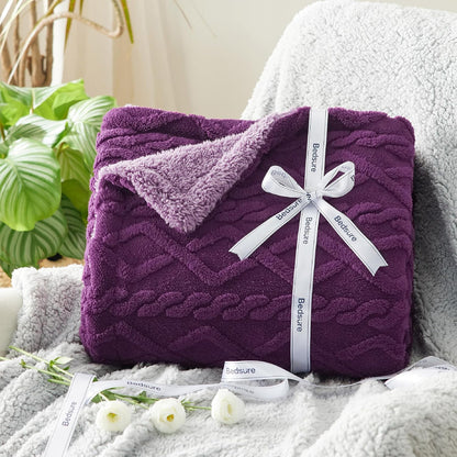 Bedsure Gentlesoft Sherpa King Size Blanket for Bed- Fleece Fluffy & Cozy Cable Jacquard Tufted for Women Gift, Thick and Warm Christmas Blanket for Winter, Purple, 108x90 Inches