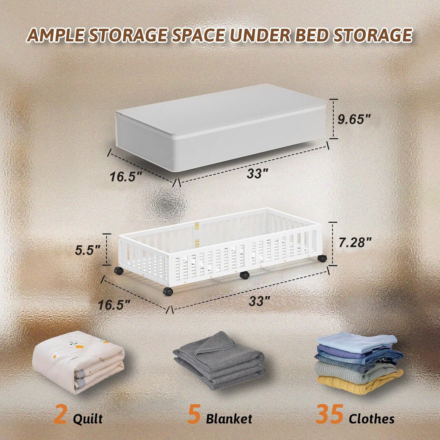 Bamboo Under Bed Storage Containers with Wheels, 2 Pack Large Under the Bed Shoe Storage Bins, Wood Rolling Underbed Drawers Organizer for Bedroom Closet Clothes Blanket Under Crib Toy White