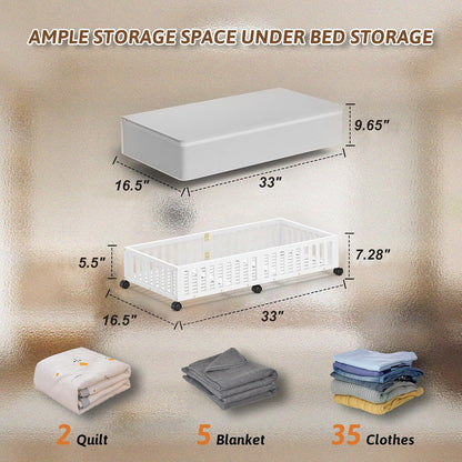 Bamboo Under Bed Storage Containers with Wheels, 2 Pack Large Under the Bed Shoe Storage Bins, Wood Rolling Underbed Drawers Organizer for Bedroom Closet Clothes Blanket Under Crib Toy White