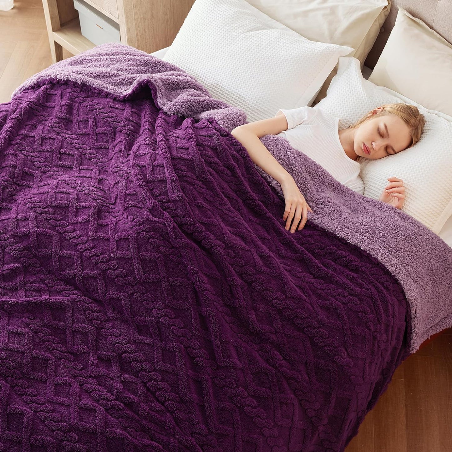 Bedsure Gentlesoft Sherpa King Size Blanket for Bed- Fleece Fluffy & Cozy Cable Jacquard Tufted for Women Gift, Thick and Warm Christmas Blanket for Winter, Purple, 108x90 Inches