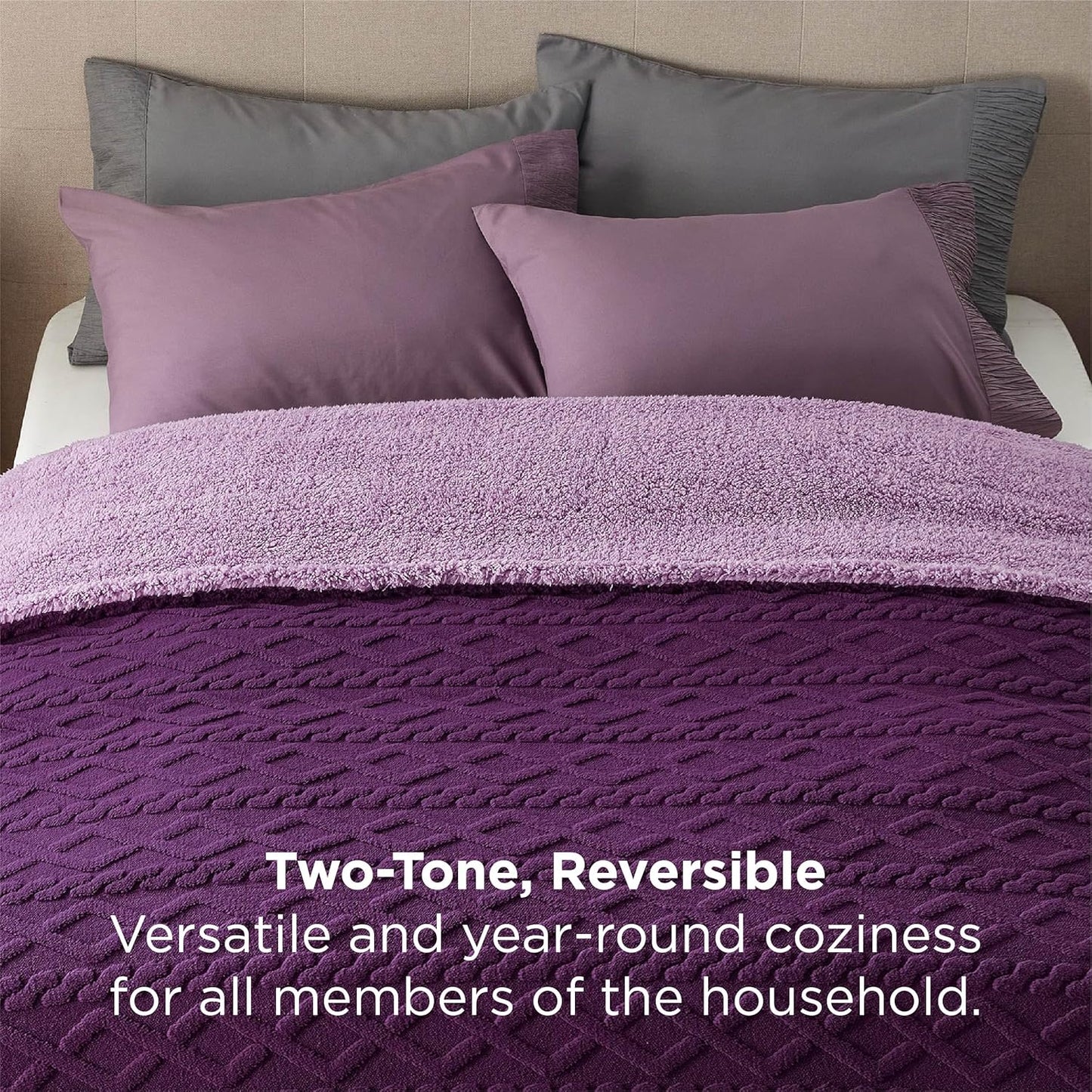 Bedsure Gentlesoft Sherpa King Size Blanket for Bed- Fleece Fluffy & Cozy Cable Jacquard Tufted for Women Gift, Thick and Warm Christmas Blanket for Winter, Purple, 108x90 Inches