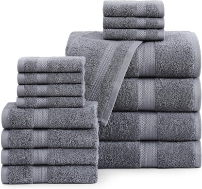 LANE LINEN 100% Cotton Luxury Bathroom Towel Set - 16 Pcs - Ring Spun, Quick Dry, Super Soft & Highly Absorbent - 4 Bath, 8 Washcloths, 4 Hand Towels - Pre Shrunk, Can be Used in Salon - Space Grey