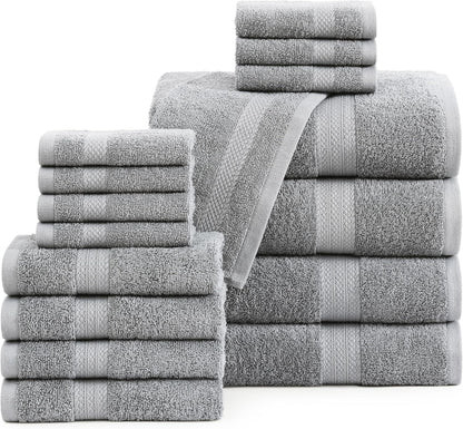 LANE LINEN 100% Cotton Luxury Bathroom Towel Set - 16 Pcs - Ring Spun, Quick Dry, Super Soft & Highly Absorbent - 4 Bath, 8 Washcloths, 4 Hand Towels - Pre Shrunk, Can be Used in Salon - Space Grey