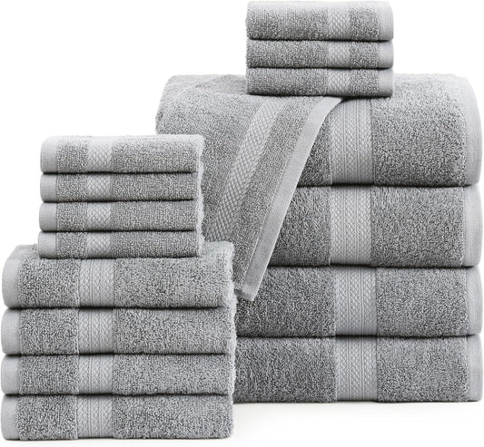 LANE LINEN 100% Cotton Luxury Bathroom Towel Set - 16 Pcs - Ring Spun, Quick Dry, Super Soft & Highly Absorbent - 4 Bath, 8 Washcloths, 4 Hand Towels - Pre Shrunk, Can be Used in Salon - Space Grey
